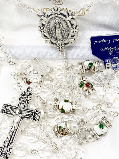 Clear Genuine Crystal and Cloisonné Rondelle Rosary - Unique Catholic Gifts