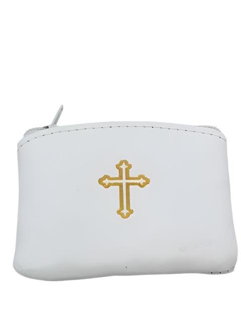 White Genuine Leather with Cross Rosary Pouch Large (4 x 3") - Unique Catholic Gifts