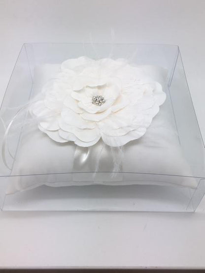 Ring Pillow with Beautiful White Flower Center (Ivory) 7"x 7" - Unique Catholic Gifts