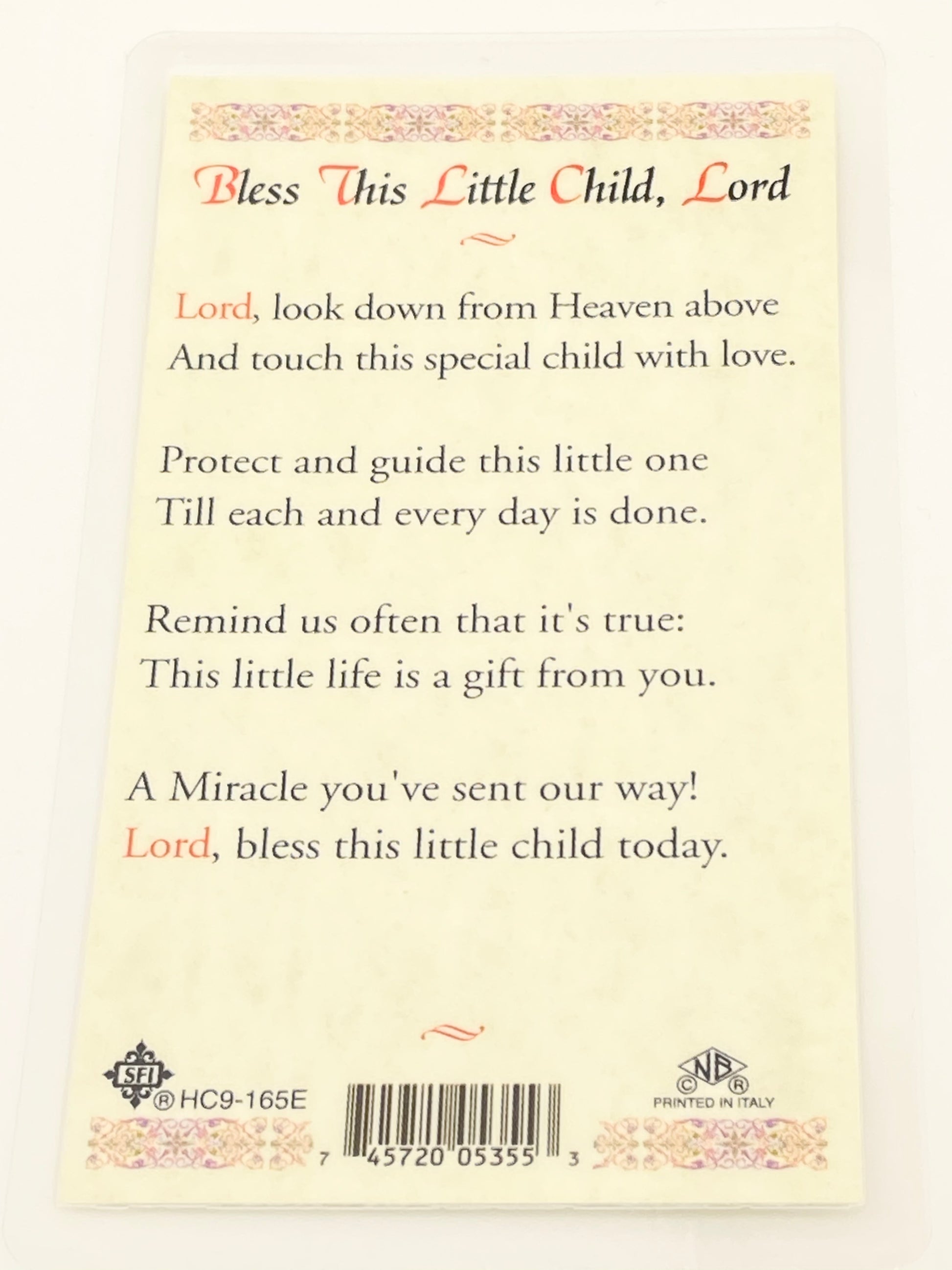 Bless this Little Child,Lord (Boy) Laminated Holy Card (Plastic Covered) - Unique Catholic Gifts