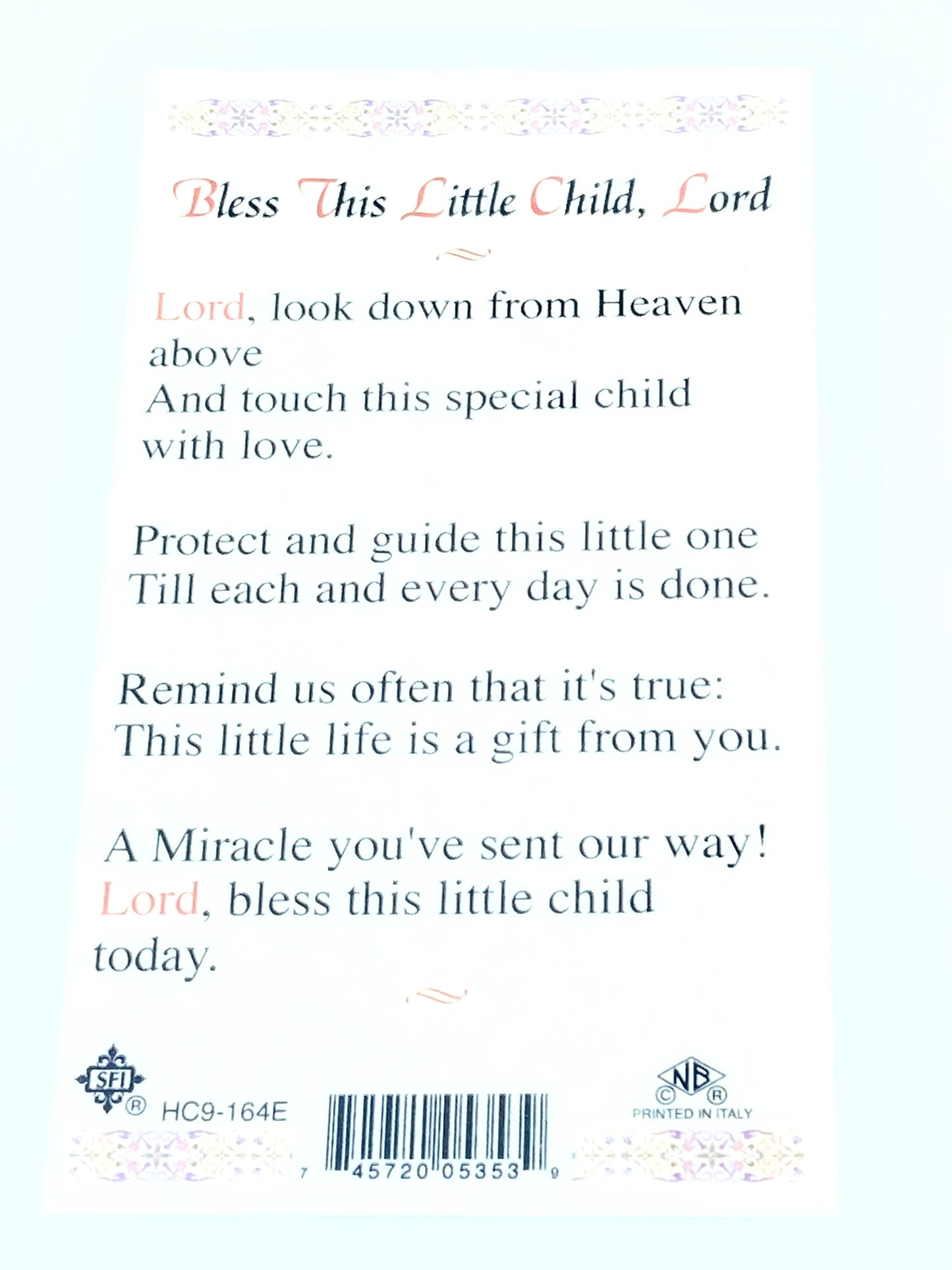 Bless this Child Girl Laminated Holy Card (Plastic Covered) - Unique Catholic Gifts