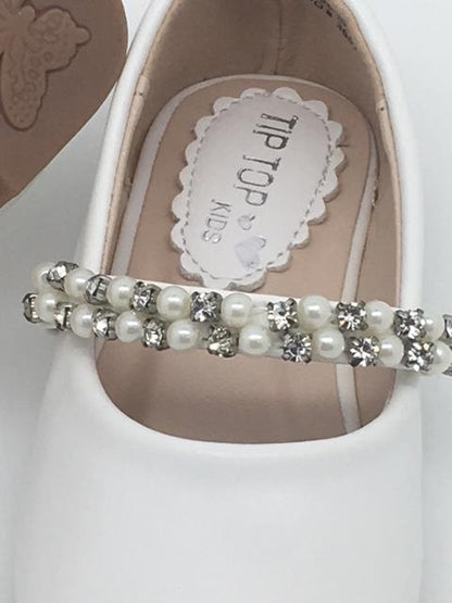 Leatherette Flats with a Rhinestone and Pearl Strap. Size 5 - Unique Catholic Gifts