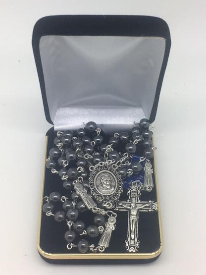 Padre Pio Hematite Rosary (7MM) - Unique Catholic Gifts