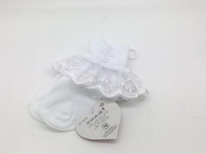 Girl's Baptismal Socks with Lace Trim and Cross (Size 6-8) - Unique Catholic Gifts