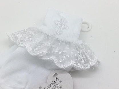 Girl's Baptismal Socks with Lace Trim and Cross (Size 6-8) - Unique Catholic Gifts