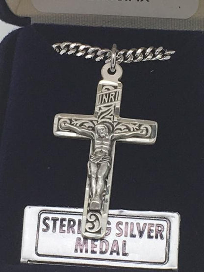 Sterling Silver Crucifix 1 1/4" with 18" chain - Unique Catholic Gifts