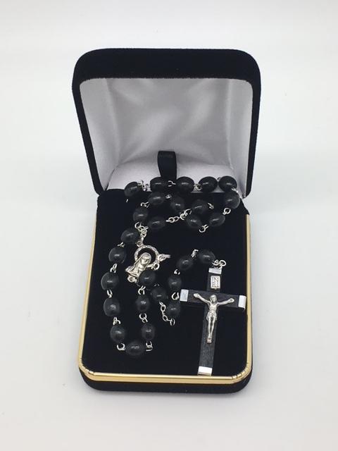 Black Wood Rosary with Crowned Madonna Centerpiece and Wood and Metal Crucifix (7mm) - Unique Catholic Gifts