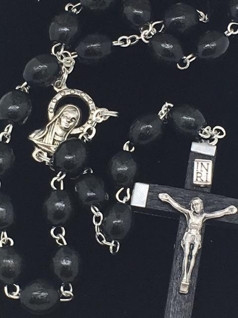 Black Wood Rosary with Crowned Madonna Centerpiece and Wood and Metal Crucifix (7mm) - Unique Catholic Gifts