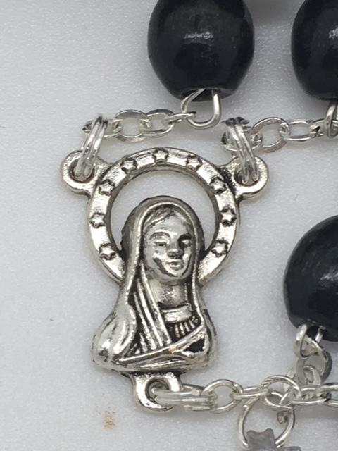 Black Wood Rosary with Crowned Madonna Centerpiece and Wood and Metal Crucifix (7mm) - Unique Catholic Gifts