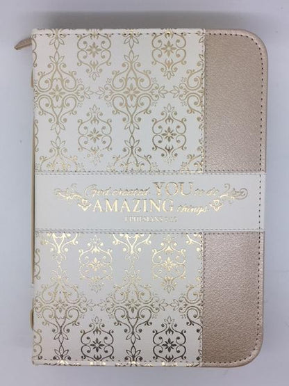 "Amazing" Bible Cover, Cream and Gold, Ephesians 2:10 (Extra-Large) - Unique Catholic Gifts