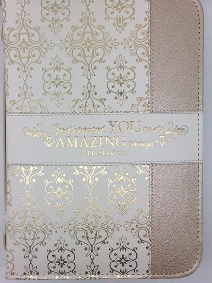 "Amazing" Bible Cover, Cream and Gold, Ephesians 2:10 (Extra-Large) - Unique Catholic Gifts