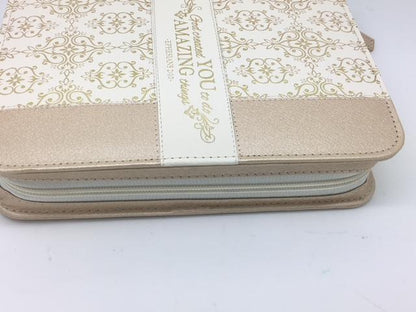 "Amazing" Bible Cover, Cream and Gold, Ephesians 2:10 (Extra-Large) - Unique Catholic Gifts