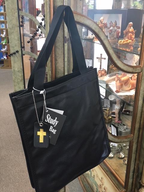 Bible Study Tote Bag Black Imitation Leather (12" x 4" x 11") - Unique Catholic Gifts