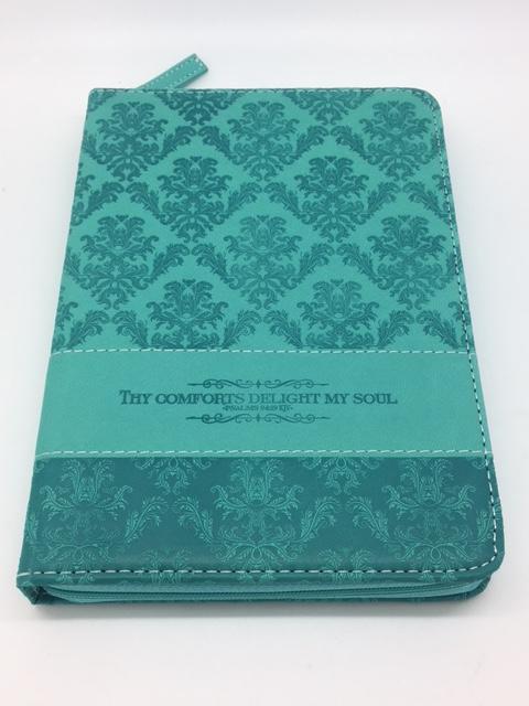 "Delightful" Zippered Journal with Scripture Passage Pages Teal-Green (Psalms 94:19) - Unique Catholic Gifts