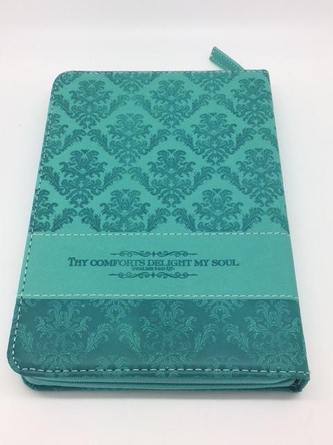 "Delightful" Zippered Journal with Scripture Passage Pages Teal-Green (Psalms 94:19) - Unique Catholic Gifts