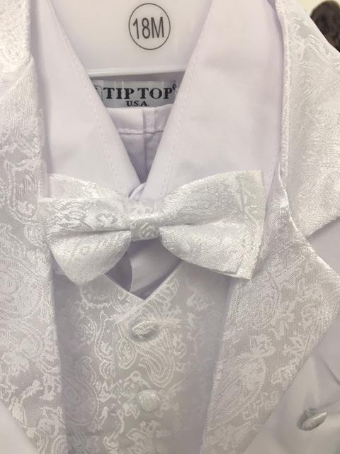 Satin Tailed Baptism Tuxedo Set. Jacket with Embroider on the Back, (2T) - Unique Catholic Gifts