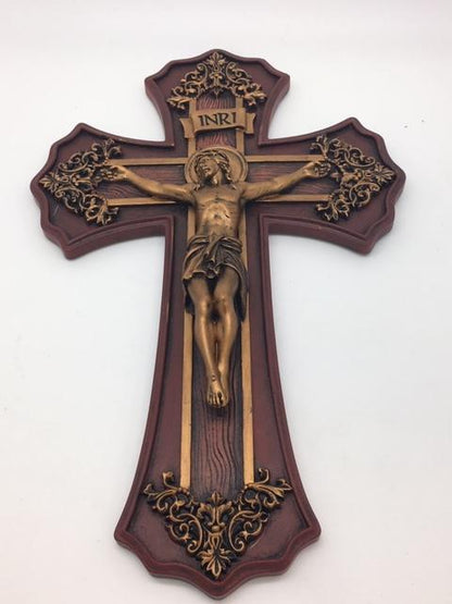 Victorian Style Crucifix Oak and Antique Gold Finish 10 1/4" - Unique Catholic Gifts