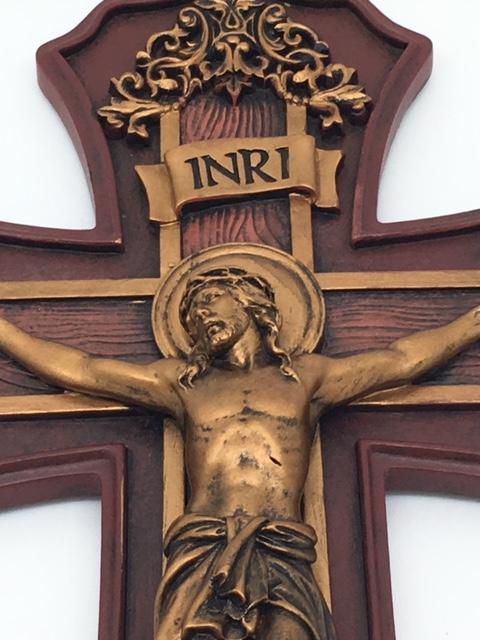 Victorian Style Crucifix Oak and Antique Gold Finish 10 1/4" - Unique Catholic Gifts