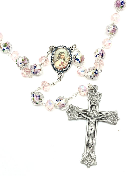 Saint Therese Pink Venetian Glass Rosary (8mm) - Unique Catholic Gifts