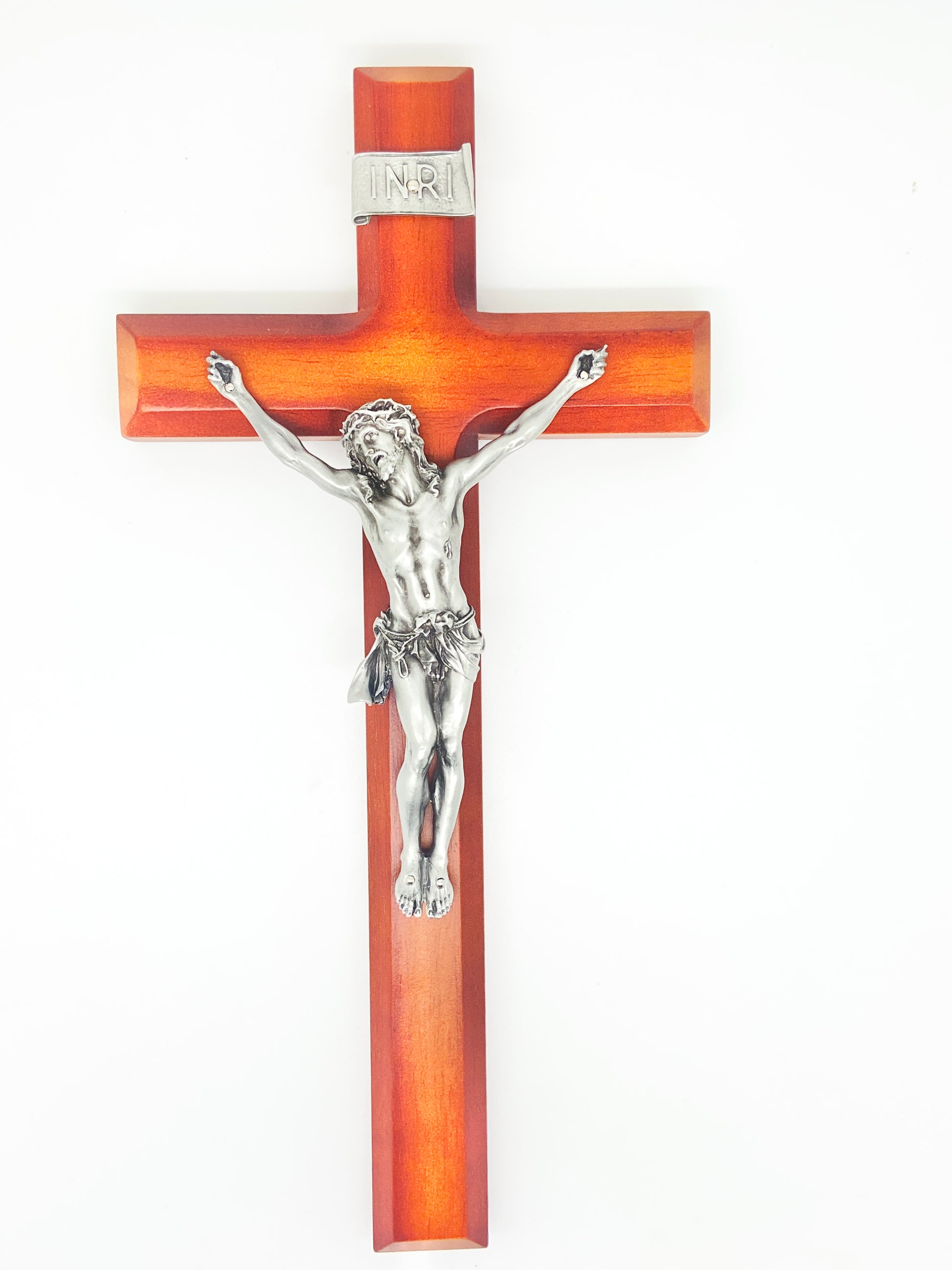 Cherry Wood Crucifix with Silver Pewter Corpus 12" - Unique Catholic Gifts