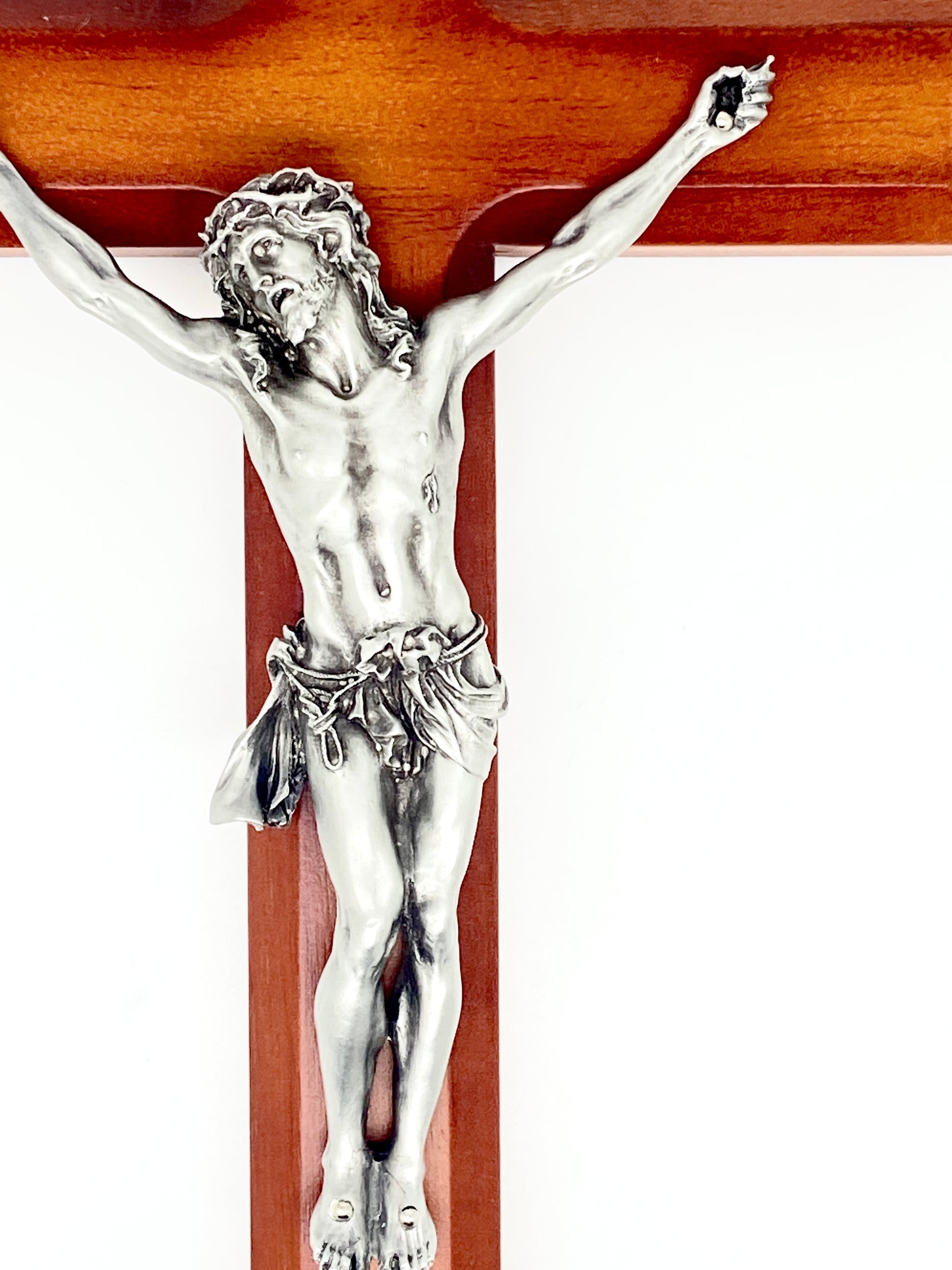 Cherry Wood Crucifix with Silver Pewter Corpus 12" - Unique Catholic Gifts