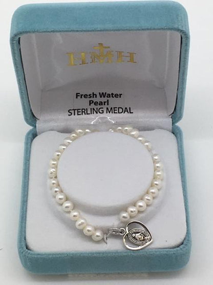 Child's Pearl Bracelet with Sterling Silver Heart shaped Miraculous Medal (4mm) - Unique Catholic Gifts