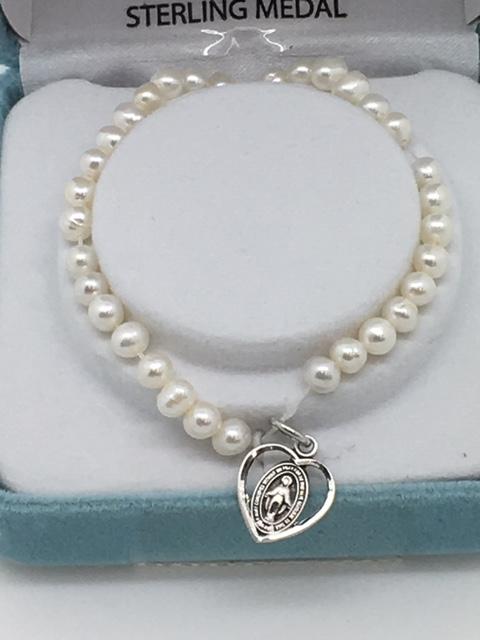 Child's Pearl Bracelet with Sterling Silver Heart shaped Miraculous Medal (4mm) - Unique Catholic Gifts