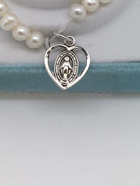 Child's Pearl Bracelet with Sterling Silver Heart shaped Miraculous Medal (4mm) - Unique Catholic Gifts