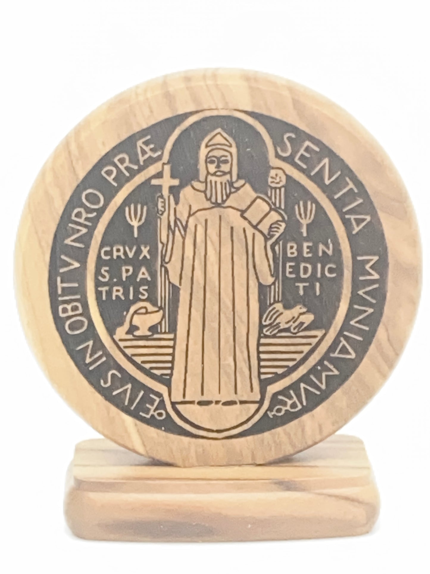 Carved Olive Wood  St. Benedict Medal on Base 2 1/2" - Unique Catholic Gifts