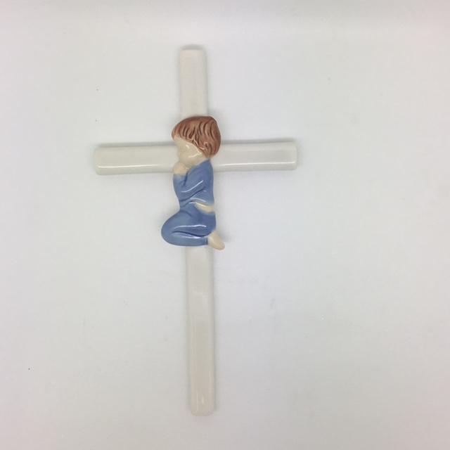 Praying Boy on Cross Porcelain (7 1/2") - Unique Catholic Gifts