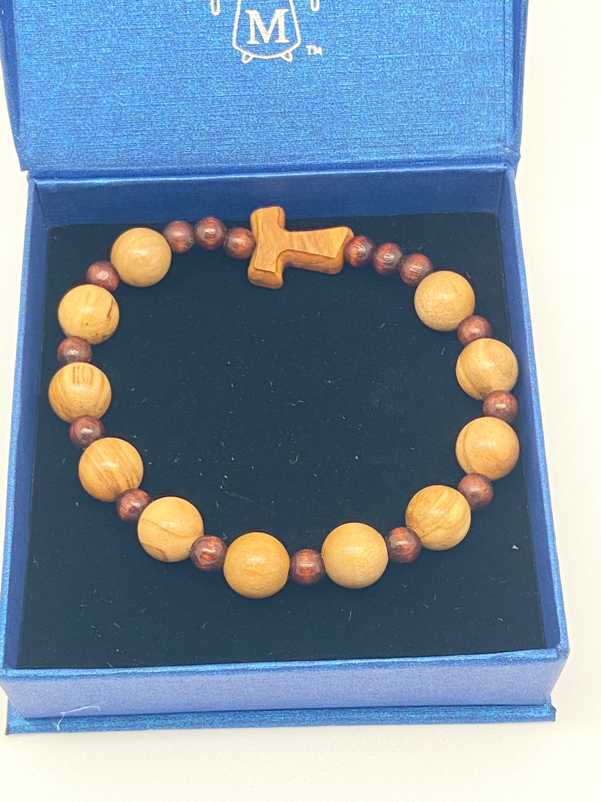 Olive Wood Tau Cross Stretch Bracelet with Natural Wood and Red Colored Beads - Unique Catholic Gifts