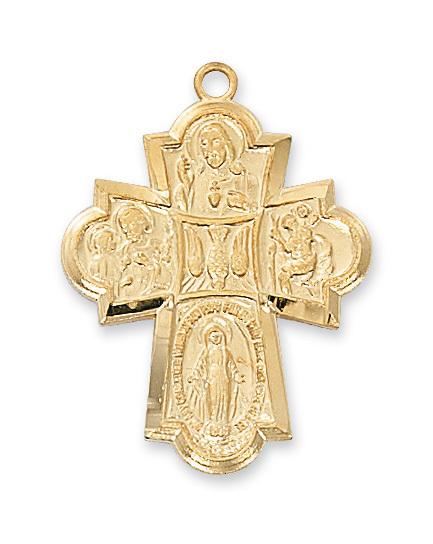 Gold over Sterling Silver 4-way medal (1 3/16") on 24" Gold plated chain - Unique Catholic Gifts