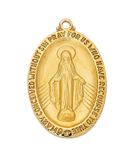 Gold over Sterling Silver Miraculous Medal ( 1 1/4") on a 24 inch Gold plated Chain. - Unique Catholic Gifts