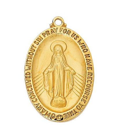 Gold over Sterling Silver Miraculous Medal ( 1 1/4") on a 24 inch Gold plated Chain. - Unique Catholic Gifts