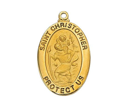 Gold over Sterling Silver St. Christopher Medal (1 x 5/8") on 20" gold plated chain - Unique Catholic Gifts