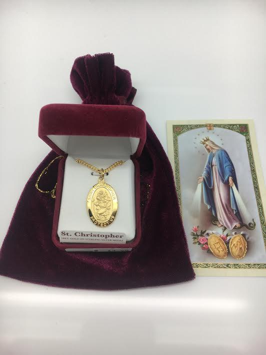 Gold over Sterling Silver St. Christopher Medal (1 x 5/8") on 20" gold plated chain - Unique Catholic Gifts