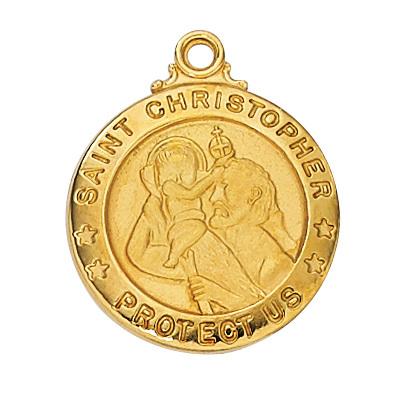 Gold over Sterling Silver St Christopher Medal.  (3/4") on 20" Gold plated Chain. - Unique Catholic Gifts