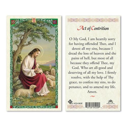 Jesus with Sheep, Act of Contrition Laminated Holy Card (Plastic Covered) - Unique Catholic Gifts