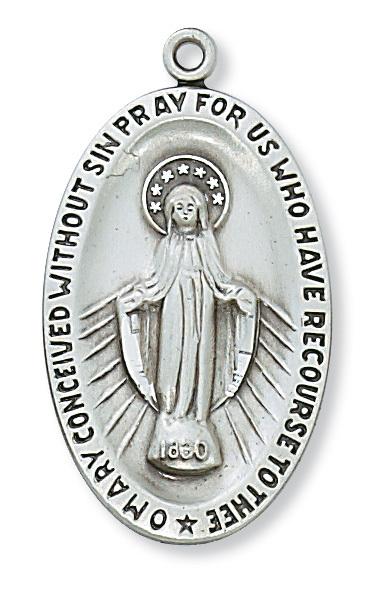 Sterling Silver Miraculous Medal (1 1/2" X 7/8") with 24" rhodium chain - Unique Catholic Gifts