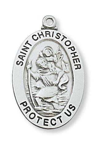 Sterling  Silver St Christopher (1"x 5/8") on 20 inch chain. Patron Saint of Travel. - Unique Catholic Gifts