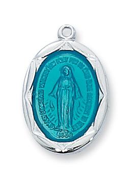 Sterling Silver with Blue Enamel Miraculous Medal (3/4") on 18" chain. (L602) - Unique Catholic Gifts