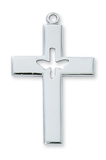 Sterling Silver Cross with Holy Spirit Cutout (1 5/16") on 24" chain - Unique Catholic Gifts