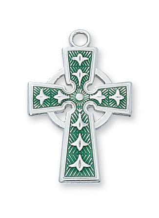 Sterling Silver with Green Celtic Crucifix  (7/8") on 18" Rhodium Chain - Unique Catholic Gifts