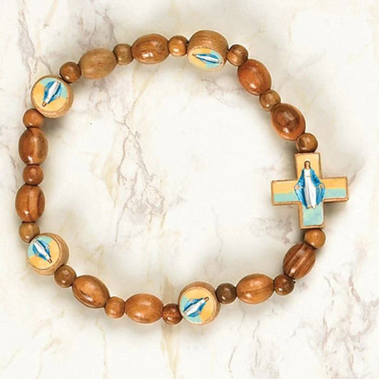 Our Lady of Grace Italian Wood Saint Stretch Bracelet - Unique Catholic Gifts