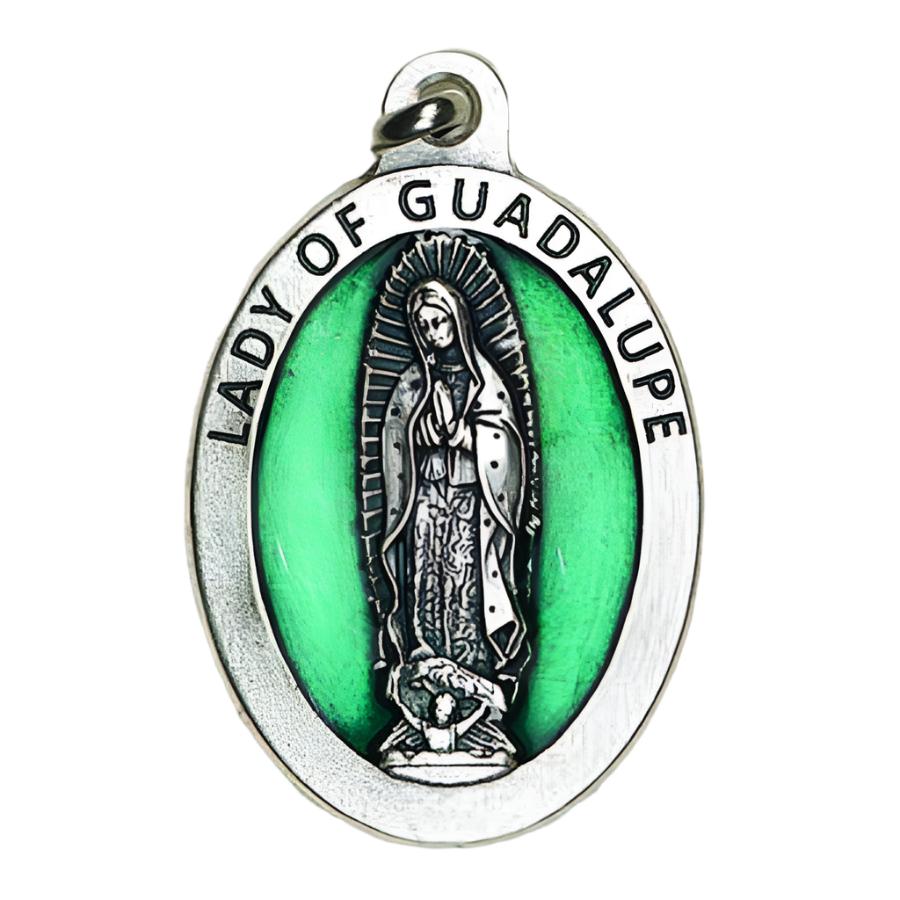 Lady of Guadalupe Double Sided Medal  Silver Tone With Green Enamel 1-1/2 - Unique Catholic Gifts