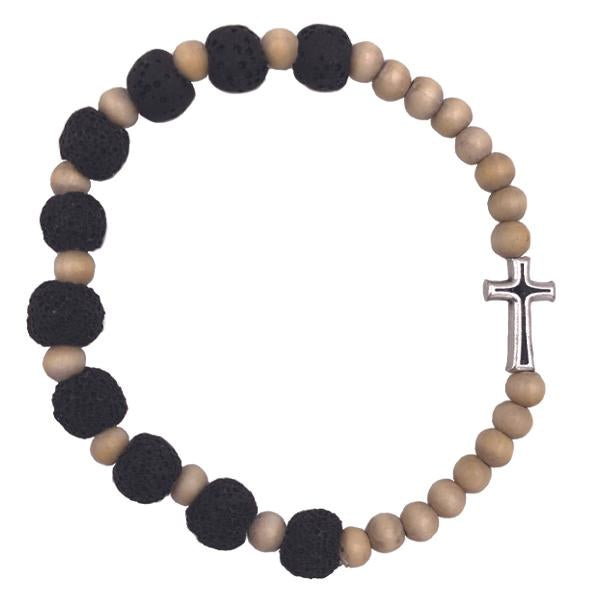 Light Wood Tone Stretch Bracelet with Black Volcanic Textured beads. - Unique Catholic Gifts