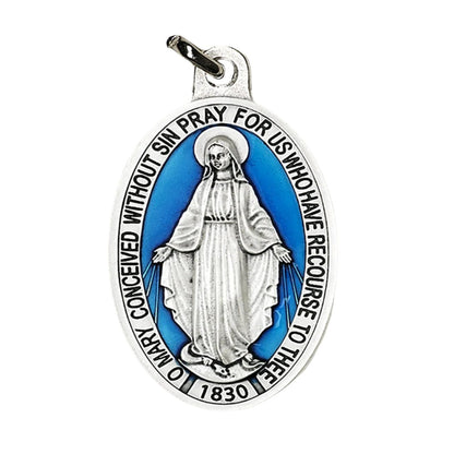 Miraculous Medal Double Silver Tone With Blue Enamel 1-1/2" - Unique Catholic Gifts