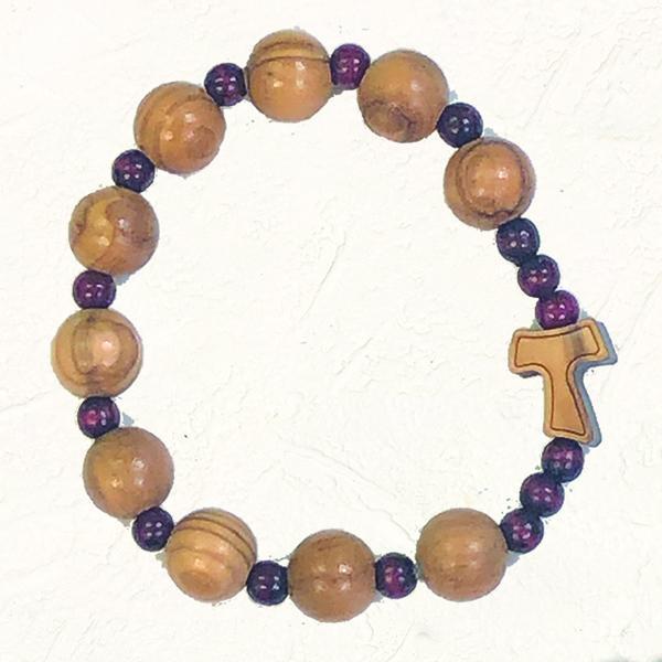 Olive Wood Tau Cross Stretch Bracelet with Natural Wood and Red Colored Beads - Unique Catholic Gifts