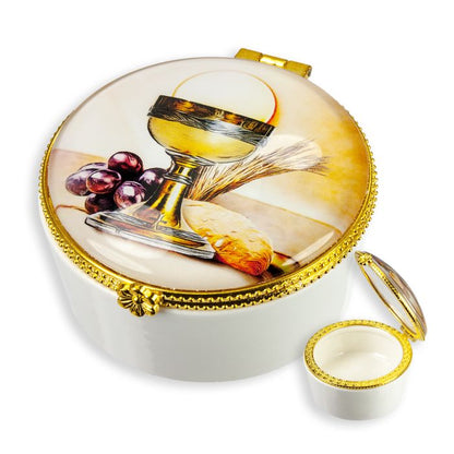 Round Porcelain Rosary First Communion Box with Glass Enclosed Top - Unique Catholic Gifts