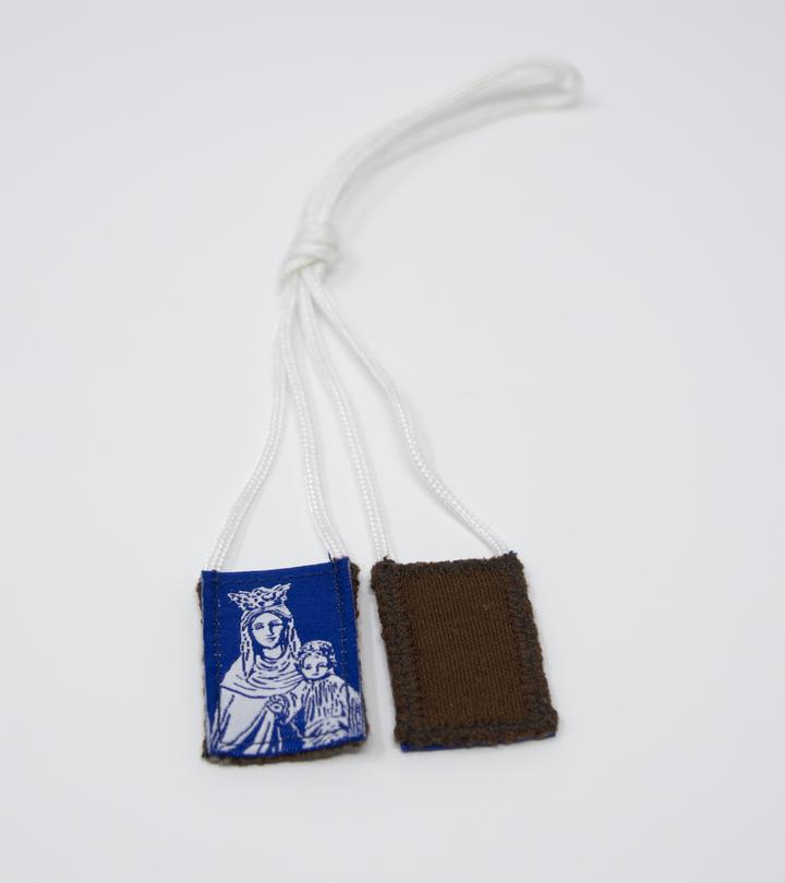 Premium Brown Scapular, Blue & White Rose 17" Cord - Unique Catholic Gifts